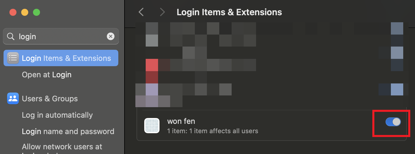 打开Login Items中的won fen名称的服务启动项